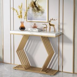  42 inches Modern Gold Console Table with Geometric Metal Base, White Faux Marble Narrow Entryway Table Foyer Table