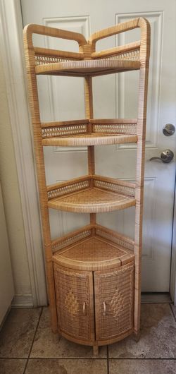 Vintage Rattan Corner 4 Tier Shelf Storage Cabinet Really Nice