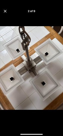 Chandelier With 5 Lights 20x20x21 Inches Silver With 4 Frosted Glass Shades On Top And A Light Bulb For Bottom 
