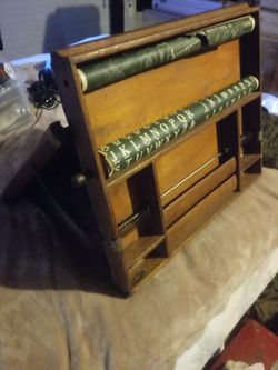 1903/1913 antique lewis e meyers & co folding edu wooden desk w/ working scrolls