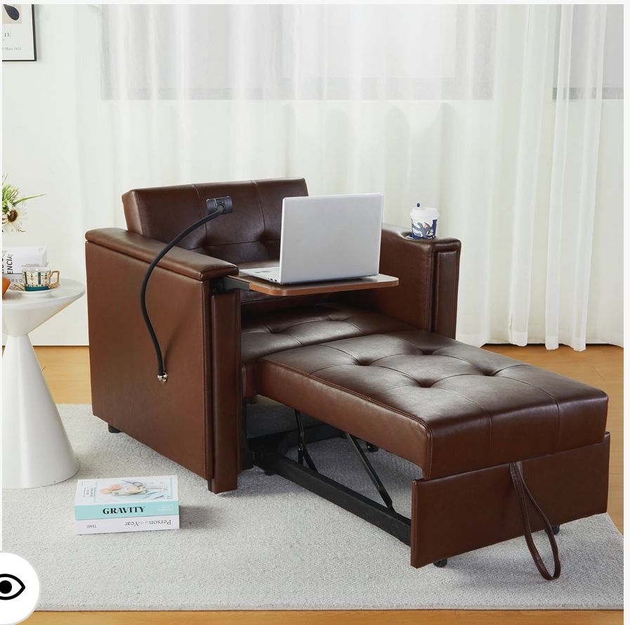 Leather Convertible Chair Bed (BROWN)