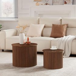 Round Nesting Coffee Table Set of 2, Small Fluted Coffee Table Circle Side Table, Mid Century Modern Wood Nesting Tables Farmhouse End Table Set for L