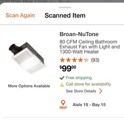 NU TONE 80 CFM CEILING BATHROOM EXHAUST FAN WITH LIGHT 1300 WATTS HEATER BRAND NEW