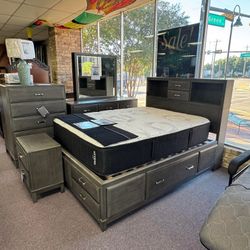 Caitbrook Gray Bookcase Storage Platform Bedroom Set