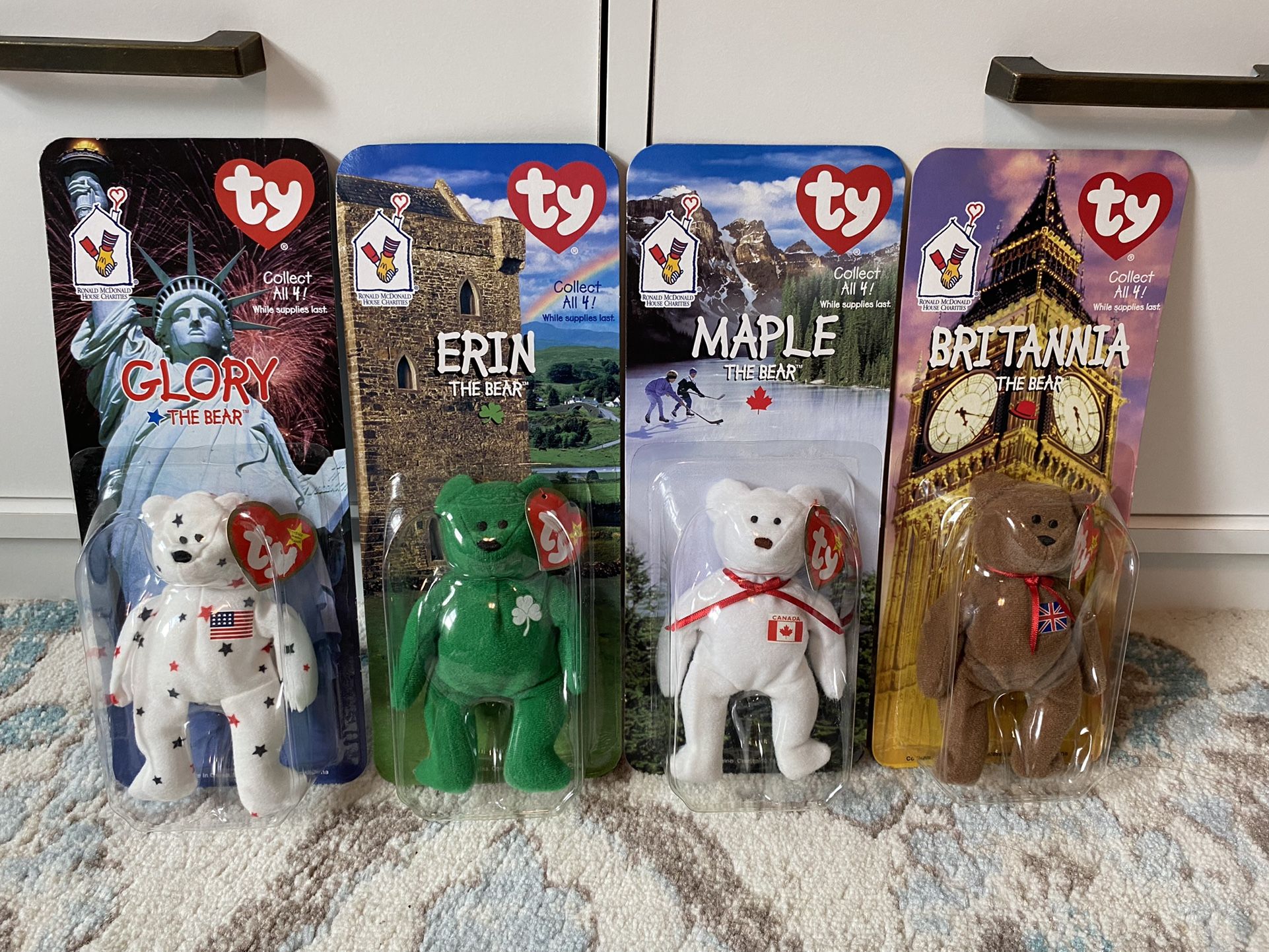 1999 TY Beanie Babies Britannia Glory Erin Maple, Ronald McDonalds Set of 4 New