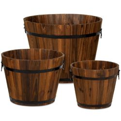 Set of 3 Rustic Wood Bucket Barrel Flower Pots
