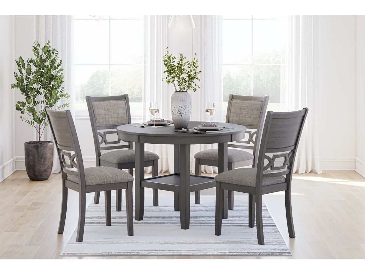 ✨ Like-New Ashley “Wrenning” 5pc Round Dining Set – Gray Wood & Upholstered Chairs