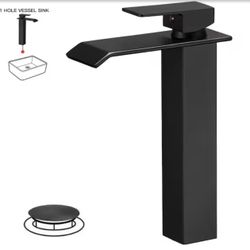 BWE Waterfall Single Hole Single Handle Bathroom Vessel Sink Faucet With Pop-up Drain Assembly in Matte Black