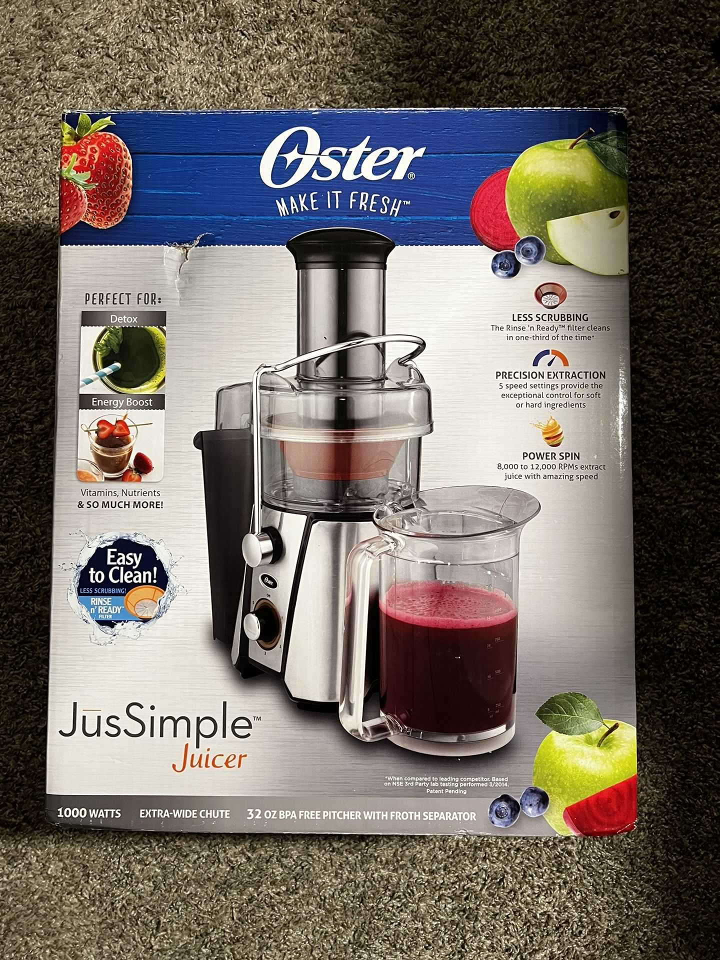Oster JusSimple 5 Speed Easy Clean Juice Extractor with Extra-Wide Feed Chute, FPSTJE9020-000, 1000Watt
