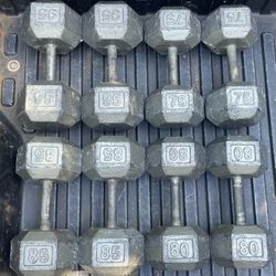 HEAVY STEEL HEX DUMBBELLS (PAIRS OF)  75s = $180 / 85s = $190 / 95s = $200   •  Also Have  : 50s = $125  /   55s  = $130 / 60s = $160  /  70s  = $180 
