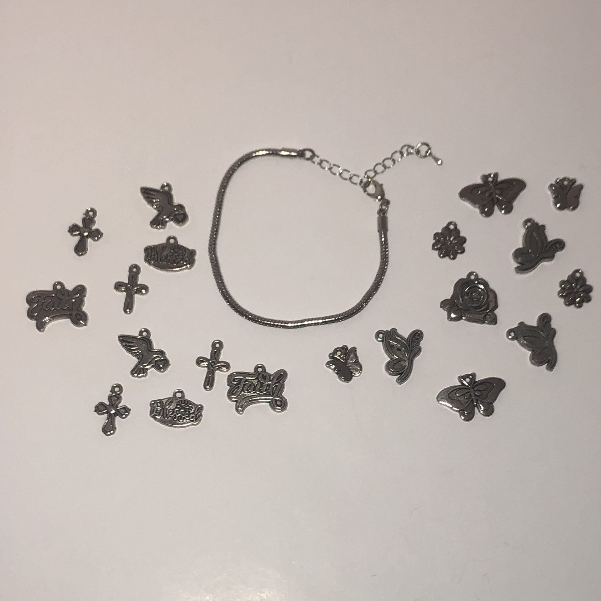 Nwot 6”silver tone adjustable bracelet and 20 charms.