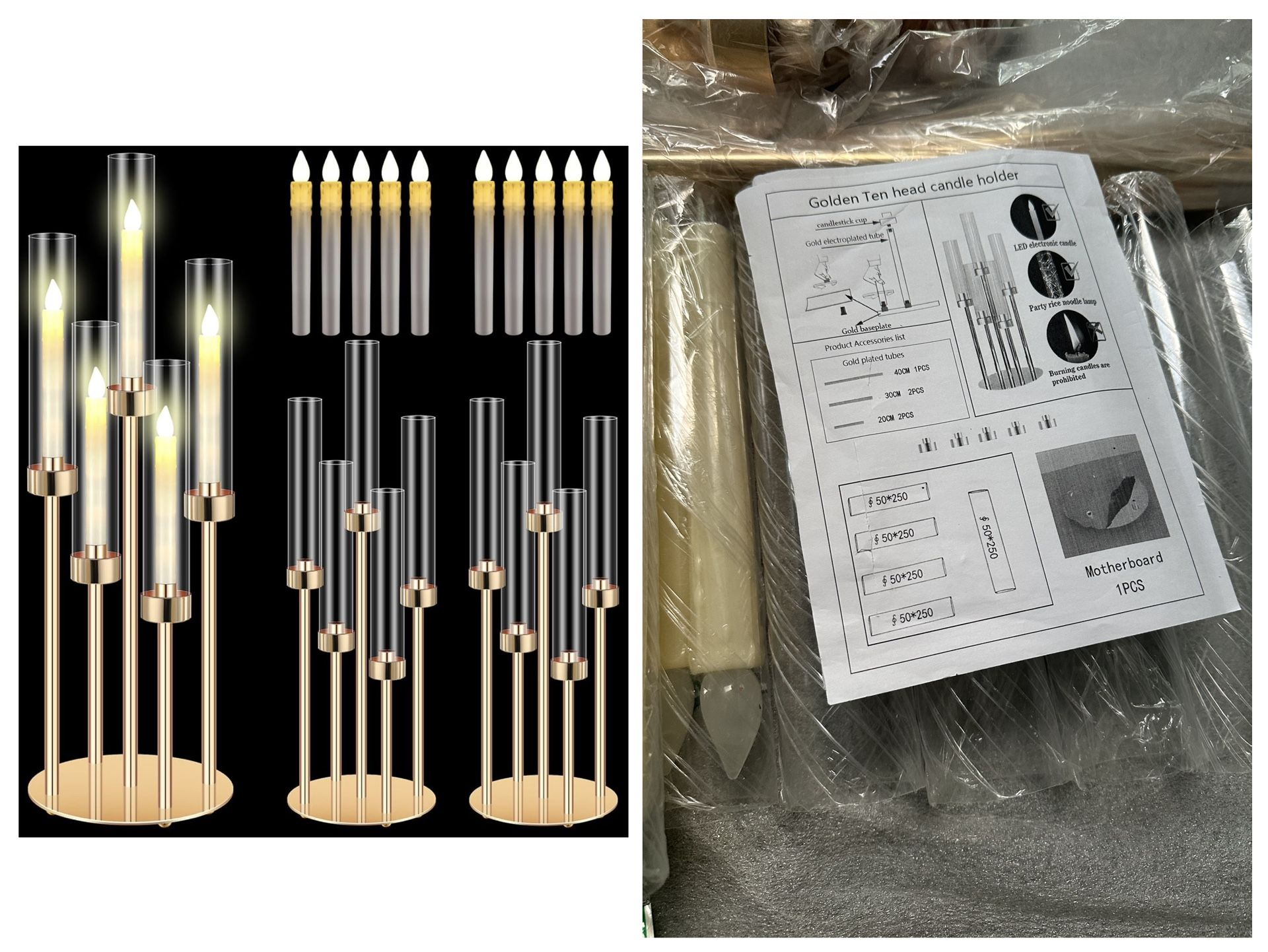 Tandefio 2 -pc 5 Arm Gold Candelabra Table Centerpiece with LED Candle 26.8" Tall Wedding Floor Holder Acrylic Candlestick with Lampshade Fit 0.8 for