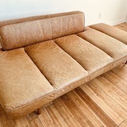 CB2 Lawndale Saddle Brown Leather Couch or Daybed With Brass Base