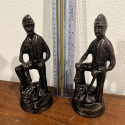 Set of 2 Vintage cast metal coal miner figurine holding Axe Flashlight & shovel