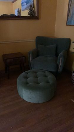 Arm chair, foot rest , side table ( green velour & wood)
