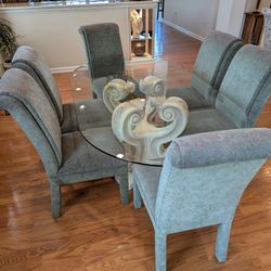 GLASS TOPPED DINING ROOM TABLE W/6 PARSONS STYLE VELVET CHAIRS 