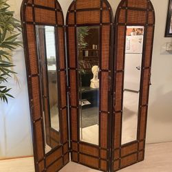 Antique Asian Wood and Leather Mirrored 3 Panel Room Divider