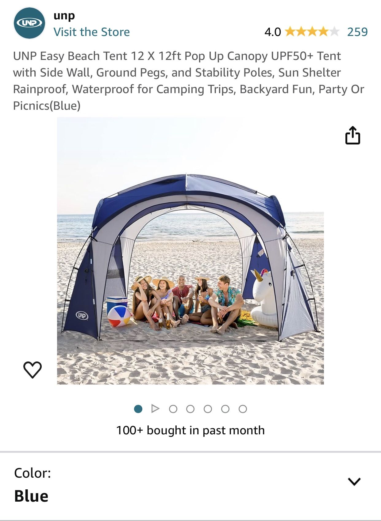 UNP Easy Beach Tent 12 X 12ft Pop Up Canopy UPF50+ Tent with