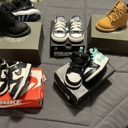 Size 3c Little Kids/Jordan’s..$45.. Nike’s $45 Both Pairs $80!! (Tim’s Size 4 & 4.5(Gold Ones Are New!!$50 ) Black Worn Once !!$45,Converse Blue 4$35.