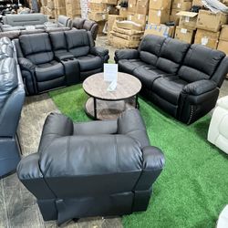 Black Recliner Living Room 3Pcs Set / Juego De 3 Piezas Para La Sala De Estar Reclinable Negra