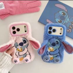 Furry Warm Winter Plush Phone Case For iPhone 17 16 15 14 13 12 11 Pro Max 3D Cute Cartoon Disney Stitch Shockproof Soft Cover