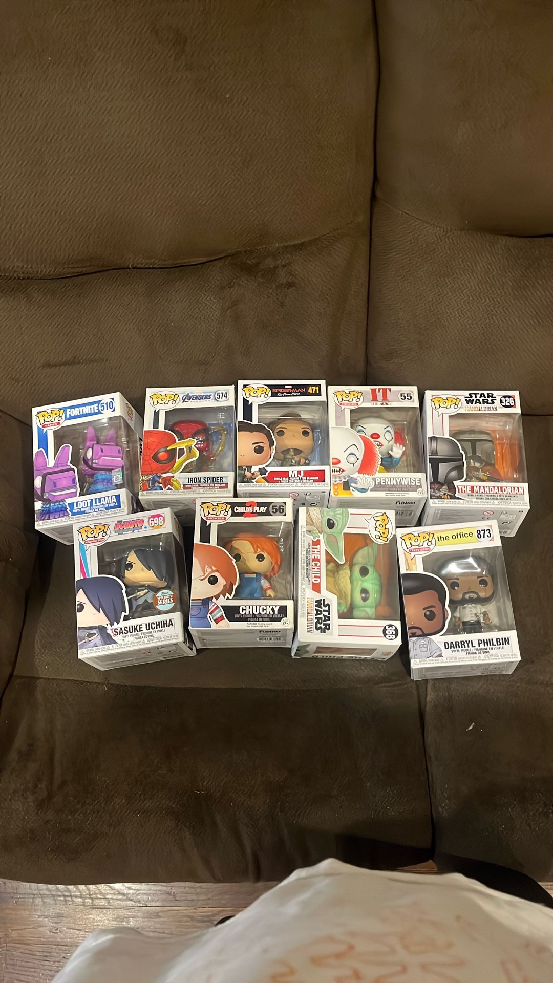 9 Funko Pops Bundle - All from, Fortnite, Avengers Endgame, Spiderman Far From Home, It (1990), Star Wars, The Office, Boruto, & Childs Play 2