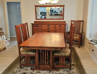 Mission Style Oak dining room set, buffet and mirror