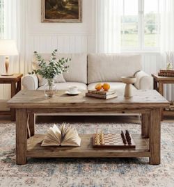 F2646 2-Tier Rectangular Solid Wood Coffee Table with X-Frame Side
