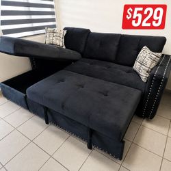 Black Velvet  Sectional Sofa with Storage Chaise And Pull Out Bed