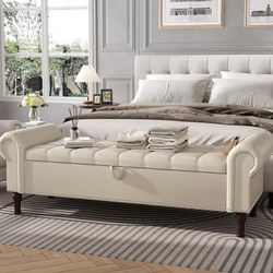 60” Bench with Storage, Queen Size Faux Leather End of Bed Bench with Tufted Button, Ottoman Bench with Rolled Arms & Vintage Rivets for Foot of Bed, 