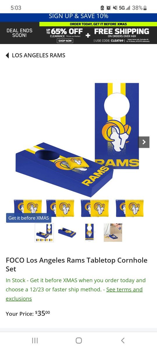Brand New Los Angeles Rams Table Top Cornhole Toss Set