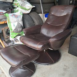 Brown Leather Swivel Recliner, Ottoman