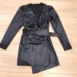 ZARA BELTED FAUX LEATHER BLACK DRESS