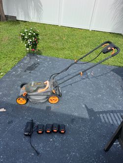 WORX 40V Cordless Lawn Mower – 4 Batteries & Charger – Needs Switch Repair