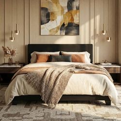 Queen Platform Upholstered Bed Frame with 3 Level Height-Adjustable headboard, Wood Slats Support, No Box Spring Needed, Easy Assembly, Easy Clean Up