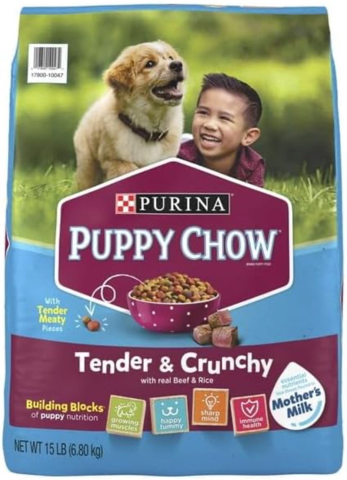 Puppy Chow Dry Dog Food, Tender & Crunchy High Protein Real Beef & Rice, 15 lb Bag, Provides 100% Complete and Balanced Nutrition