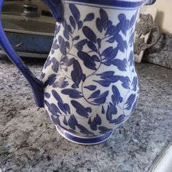 Blue And White Pottery Pitcher 10 In