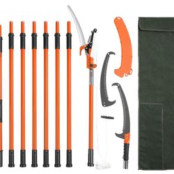 Manual Pole Saw, 7.3-27 ft Extendable Tree Pruner, Sharp Steel Blade and Scissors High Branches Trimming, Branch Trimmer with Lightweight 8 Fiberglass