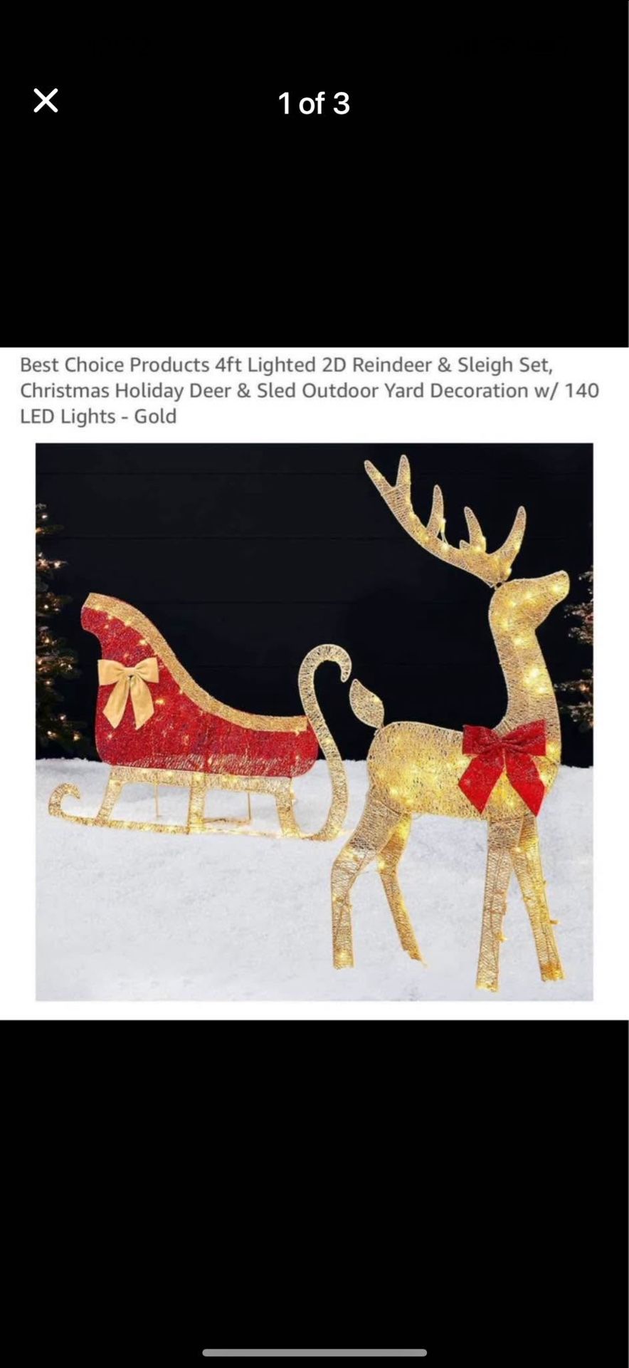 4ft lighted 2D reindeer and sleigh set for Christmas yard decor.