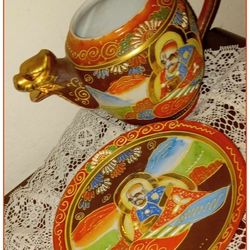 X2 VINTAGE DRAGON JAPANESE SATSUMA HAND PAINTED PORCELAIN PLATE COFFEE POT TEA KETTLE DECOR COLLECTABLE