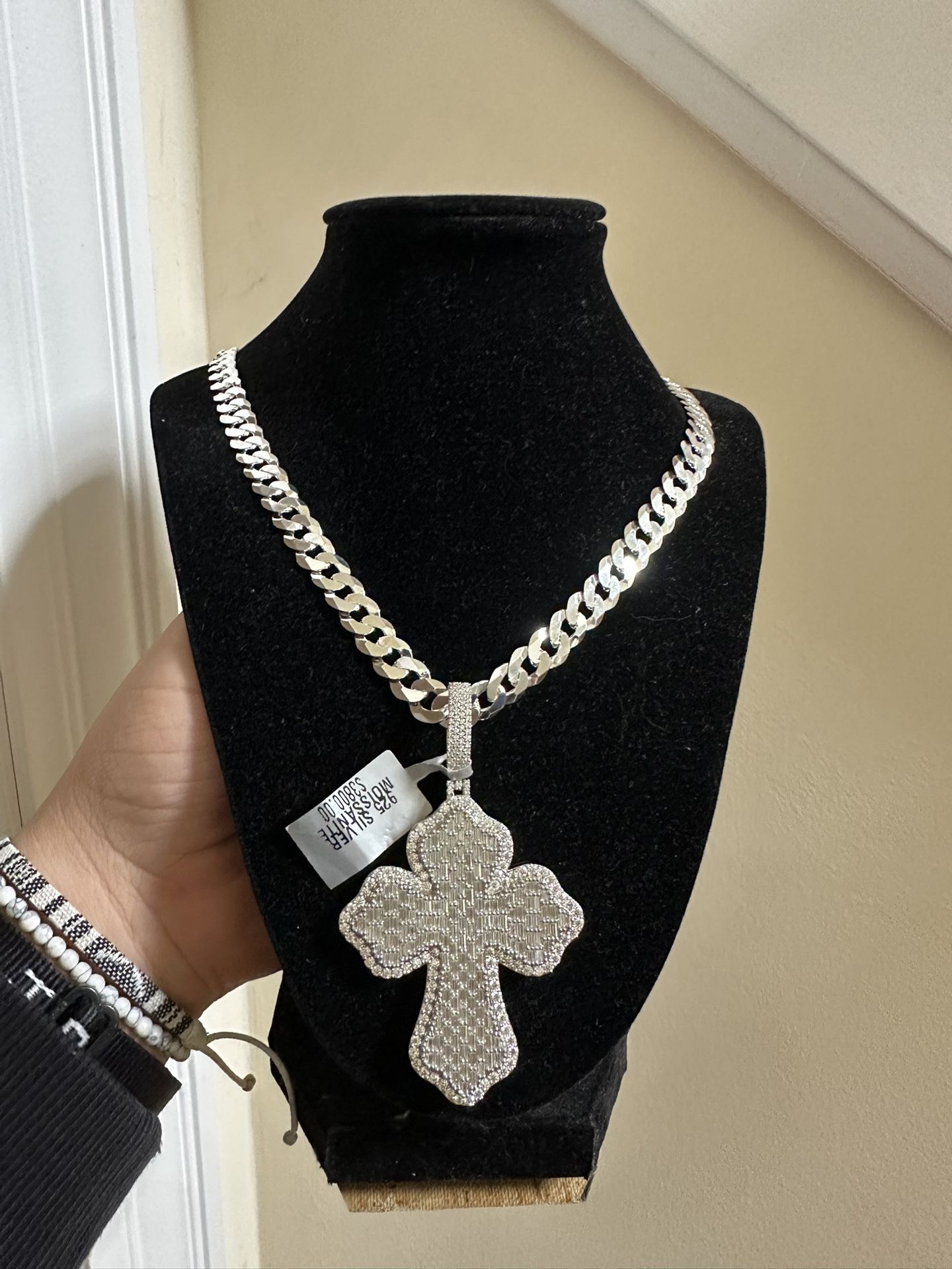 Sterling silver curb link and moissanite pendant