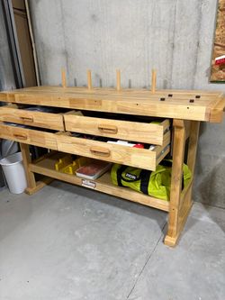 Solid Wood Workbench with Drawers and Shelf