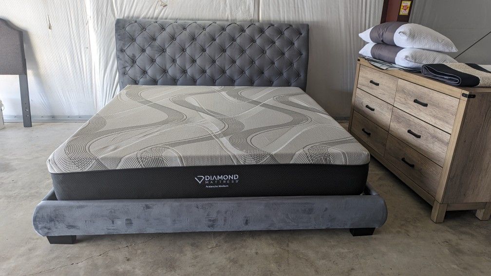 Grey Velvet King Platform Bed