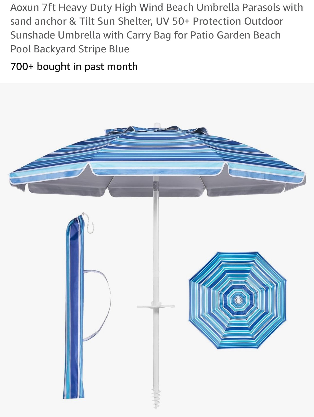 Aoxun 7ft Heavy Duty High Wind Beach Umbrella Parasols with sand anchor & Tilt Sun Shelter, UV 50+ Protection Outdoor Sunshade Umbrella with Carry Bag