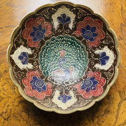 Vintage Enamel And Solid Brass Peacock Bowl 