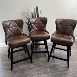 Counter Height Bar Stools Set of 3, 26" H Swivel Bar Stool with Back, Faux Leather Counter Stool, Solid Wood Legs, Retro Upholstered Barstools for Kit
