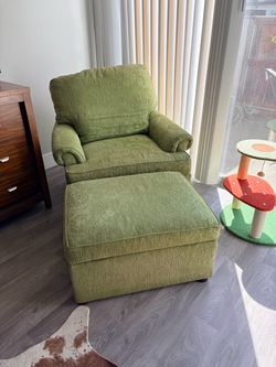 Green Upholstered Armchair with Ottoman