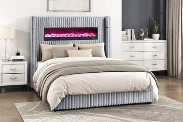 HE 2411 Gray velvet fireplace speaker queen size bed frame special