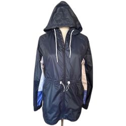 Adidas Hooded Windbreaker Jacket Womens Size Small Blue Spell Out