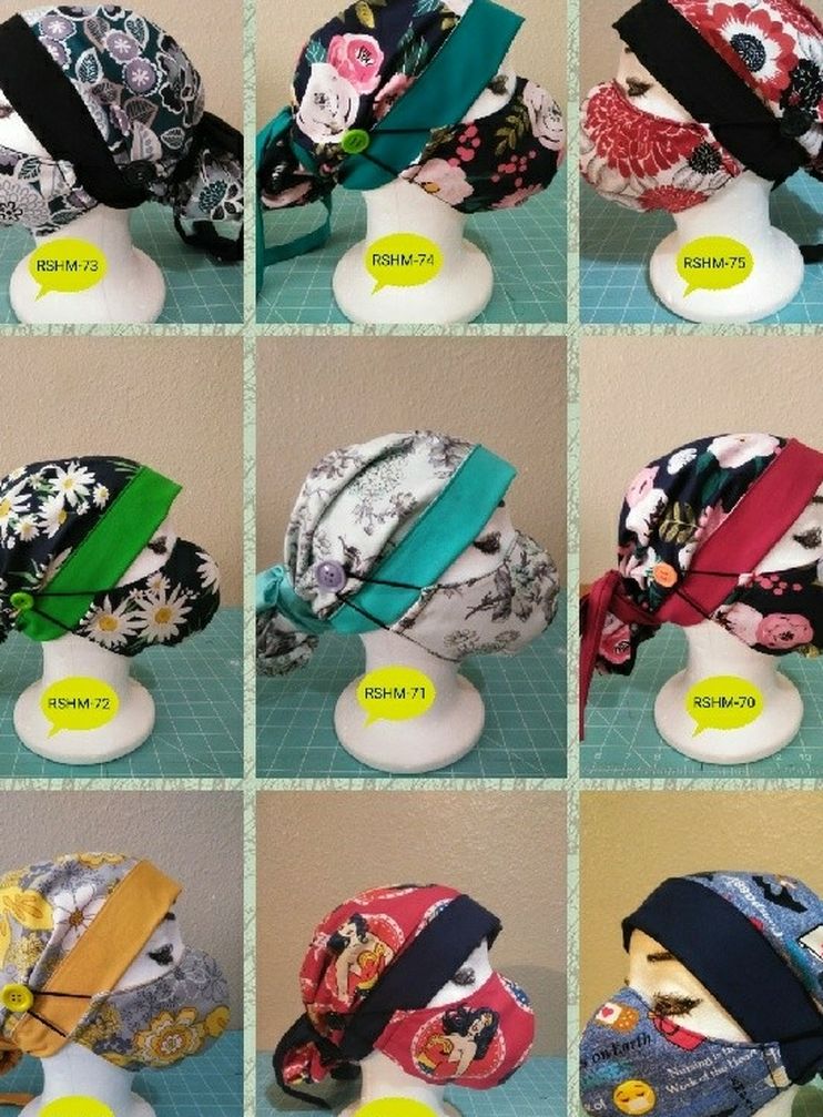 Two Tone Reversible Ponytail Style Surgical Scrub Hat Set W/ Buttons